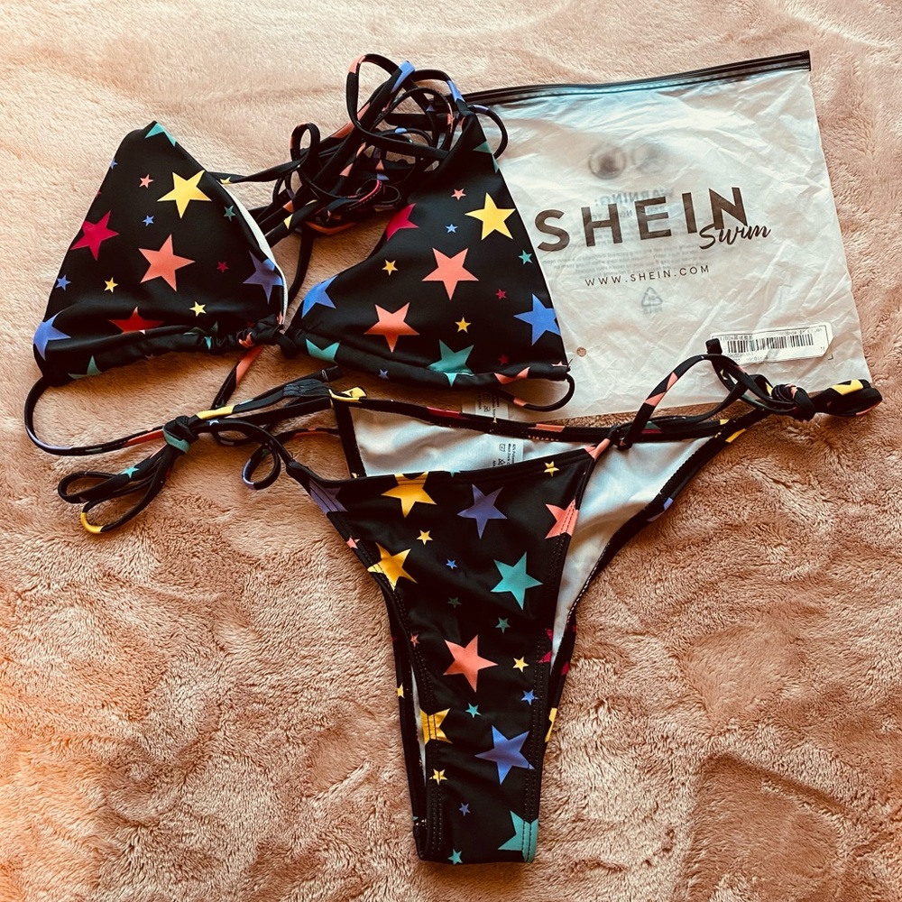 Shein Swim Black Multicolored Stars Bikini